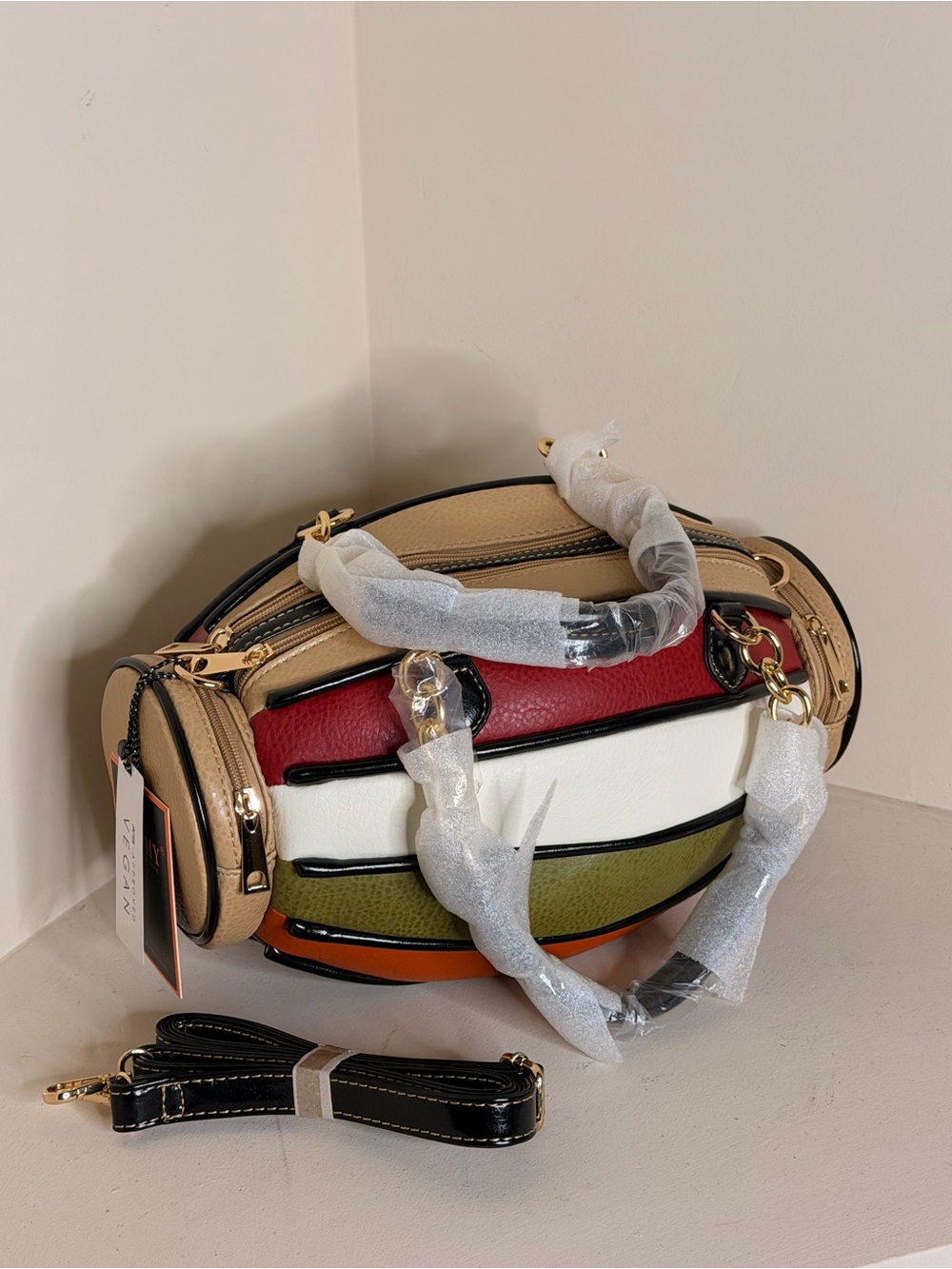 Multicolor Panel Satchel Handbag - Beige, Red, White, Olive